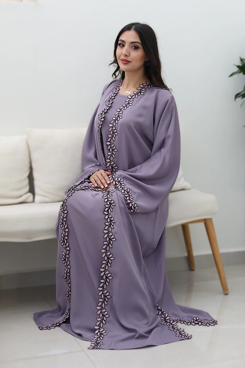 النخبة Lavender Bloom Abaya-Comes with matching inner-2P752