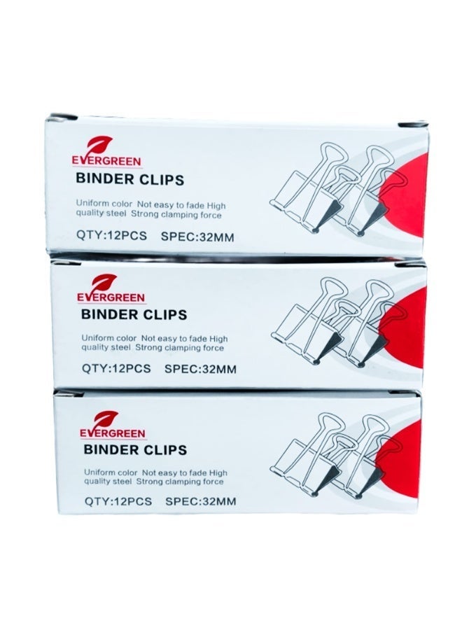 EVERGREEN binder clips 3 pack 36 pcs , 32 mm size, black - Image 1