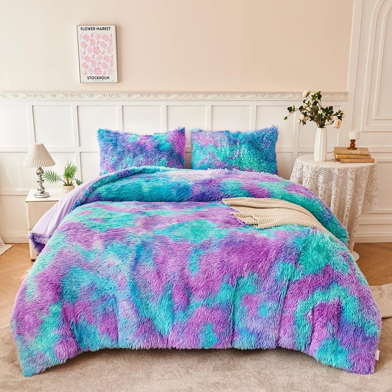 PERFEMET Fuzzy Girls Queen Size Bedding Set 3 Pieces Luxury Purple and Teal Faux Fur Fluffy Comforter for Kids Teens Ultra Soft Warm Tie Dye Velvet Plush Shaggy Bed Comforter Sets(Purple Teal, Queen) - Image 2