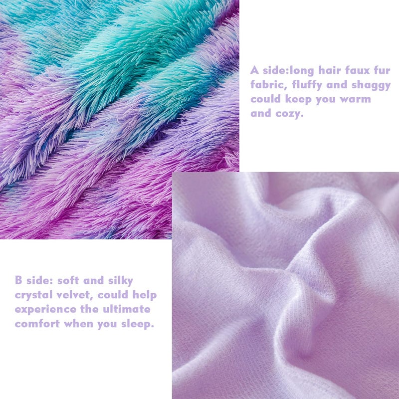 PERFEMET Fuzzy Girls Queen Size Bedding Set 3 Pieces Luxury Purple and Teal Faux Fur Fluffy Comforter for Kids Teens Ultra Soft Warm Tie Dye Velvet Plush Shaggy Bed Comforter Sets(Purple Teal, Queen) - Image 5