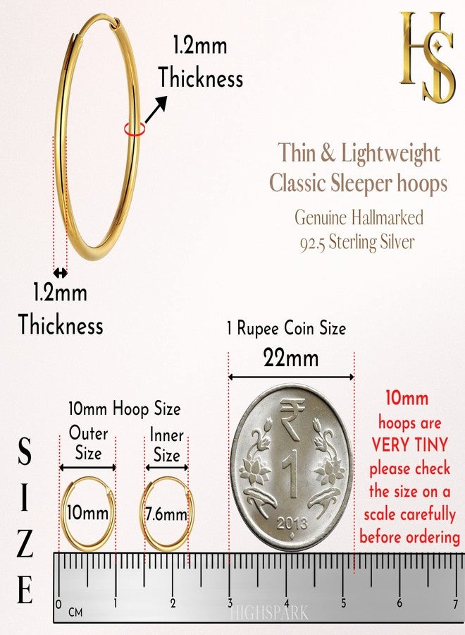 HIGHSPARK 925 Silver Hoop Earrings in Gold Finish | 92.5 Sterling Silver Round Classic Endless Hoops Sizes 10mm to 40mm | Lovely Gift for Men Women Boys & Girls - Gold 10mm - Image 2