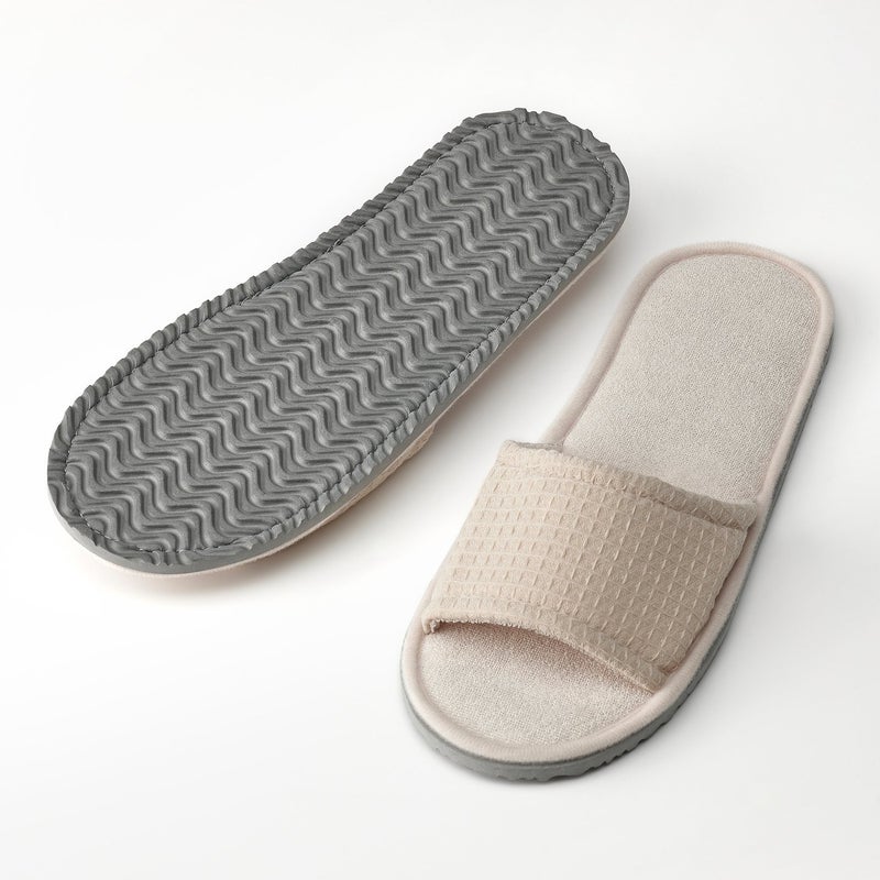 Baitique Open-Toe Waffle-Texture Spa Slippers with Foam Sole, Beige, S/M - Image 2