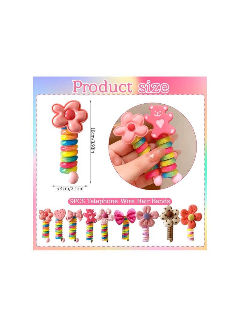 SOLARAE "9 Pcs Colorful Telephone Wire Hair Bands, Bowknot Braided Flower Telephone Cord Hair Ties, Ponytail Holder Phone Cord Spiral Hair Ties for Kids, Thick, Thin, Curly, Straight, Medium Hair " - Image 5