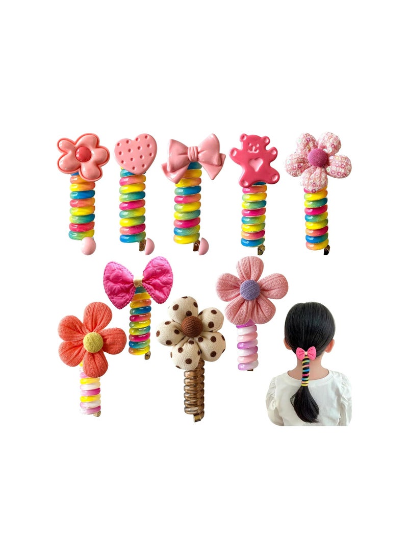 SOLARAE "9 Pcs Colorful Telephone Wire Hair Bands, Bowknot Braided Flower Telephone Cord Hair Ties, Ponytail Holder Phone Cord Spiral Hair Ties for Kids, Thick, Thin, Curly, Straight, Medium Hair " - Image 1