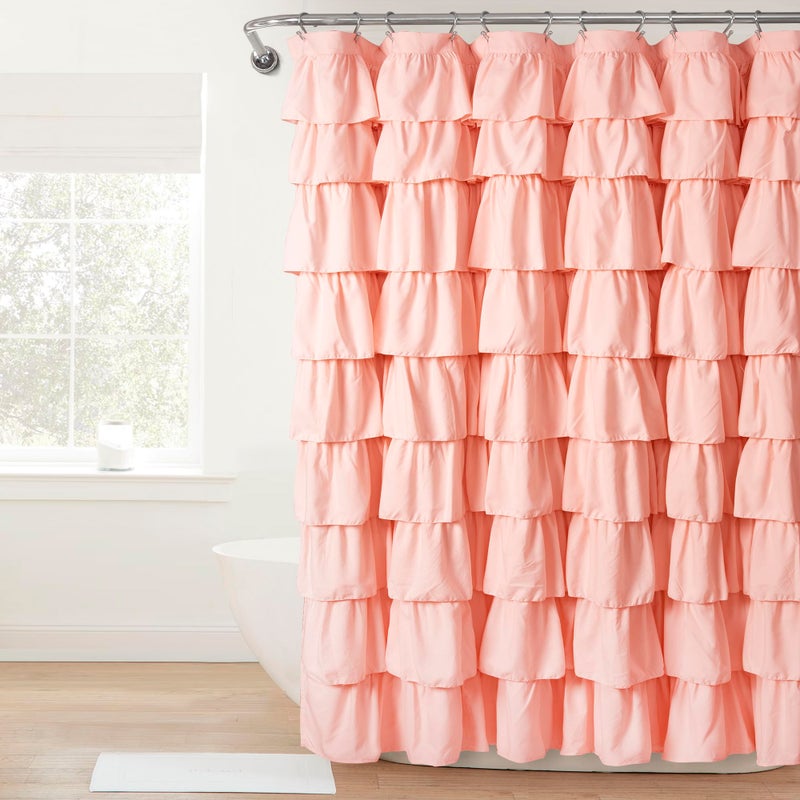 Lush Decor Ruffle Shower Curtain | Floral Textured Vintage Chic Farmhouse Style Design, Blush, 72" x 72" - Image 1