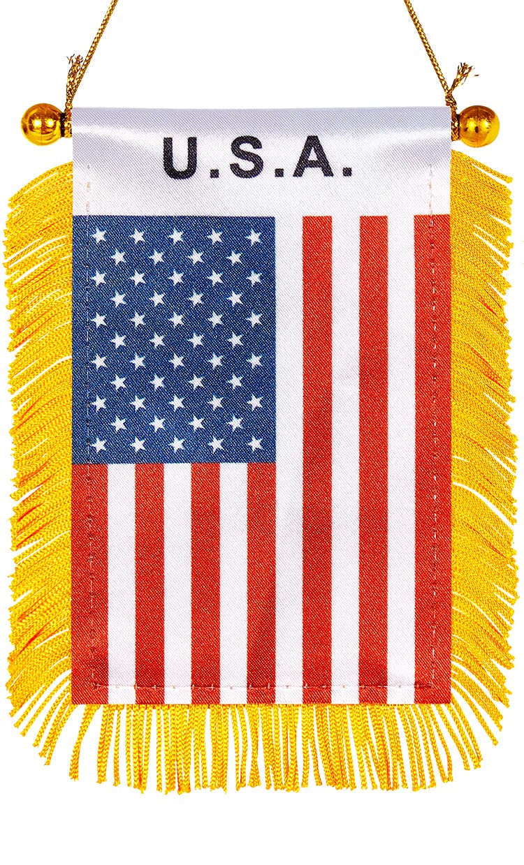 WXTWK 3 X 5 Inch US American Flag USA Window Hanging Flag Small Mini Car Flags Banners Rearview Mirror With Suction Cup Golden Fringy Banner for 4th of July Party Veteran's Day Decoration - Image 1
