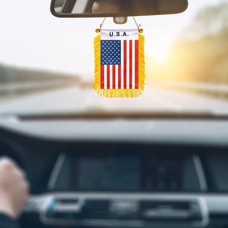 WXTWK 3 X 5 Inch US American Flag USA Window Hanging Flag Small Mini Car Flags Banners Rearview Mirror With Suction Cup Golden Fringy Banner for 4th of July Party Veteran's Day Decoration - Image 4