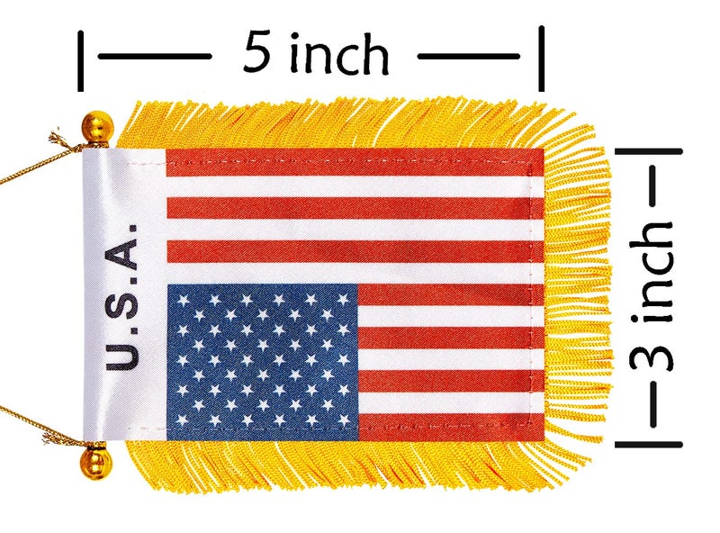 WXTWK 3 X 5 Inch US American Flag USA Window Hanging Flag Small Mini Car Flags Banners Rearview Mirror With Suction Cup Golden Fringy Banner for 4th of July Party Veteran's Day Decoration - Image 2