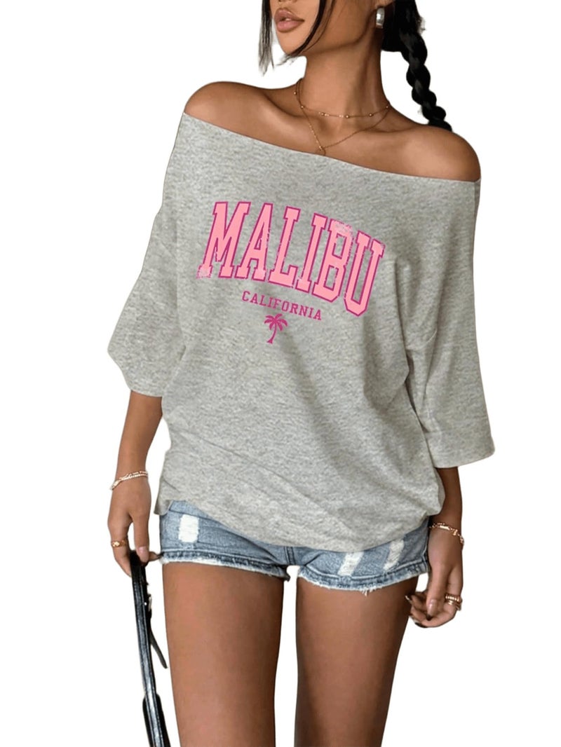 SXV STYLE Women's Letter Printed Off Shoulder Casual Versatile T-Shirt, Summer (in, Alpha, S, Grey) - Image 1