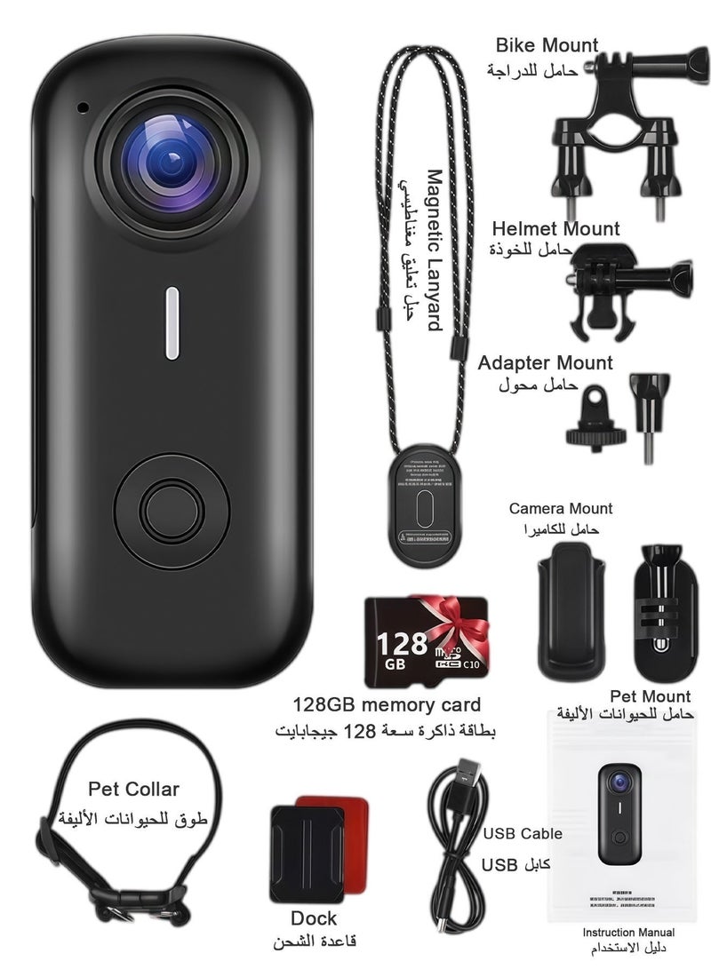 Action Camera,Mini Body Camera,Wearable Action Body Cam, Thumb Size Hands Free Recording Body Worn Camera, Premium Portable Camcorder Mount Anywhere for Pet Walking, Work, Travel (Black, 128GB) - Image 2