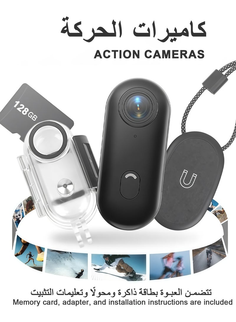 Action Camera,Mini Body Camera,Wearable Action Body Cam, Thumb Size Hands Free Recording Body Worn Camera, Premium Portable Camcorder Mount Anywhere for Pet Walking, Work, Travel (Black, 128GB) - Image 1
