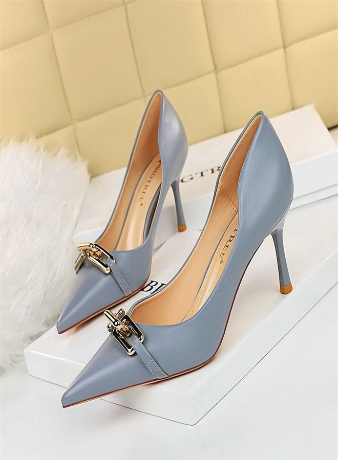 BIGTREE Pointed Metal Buckle Decorative High Heels 7CM Blue  - Image 1