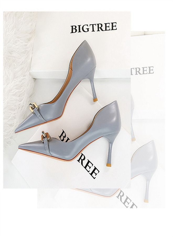 BIGTREE Pointed Metal Buckle Decorative High Heels 7CM Blue  - Image 2