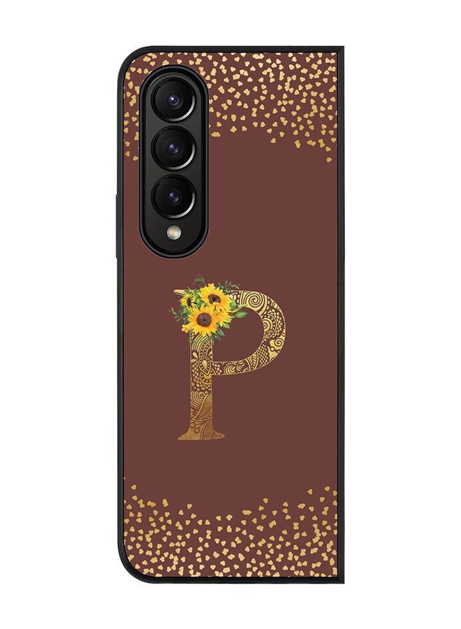 Stylizedd Rugged Black edge case for Samsung Galaxy Z Fold4 Slim fit Soft Case Flexible Rubber Edges Anti Drop TPU Gel Thin Cover - Custom Monogram Initial Letter Floral Pattern Alphabet - P (Brown ) - Image 1