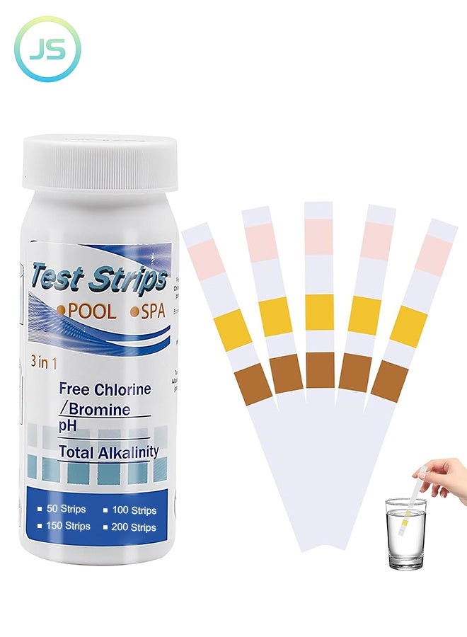 JS 50 Strips Pool Test Strips - 3-in-1 Pool Water Testing Kit for Chlorine/Bromine, pH, Alkalinity - Easy and Accurate Hot Tub Test Strips for Swimming Pools & Spas - Image 1