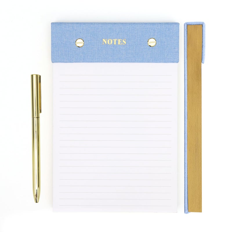 ELYN Lined Notepad, Aesthetic Linen Memo Pad with Matching Gold Gel Pen, 125 Sheets, 8.1 x 5.3 in - 100 GSM Premium Thick Paper, Perforated Pages & Hard Linen Backing, for Work, School or Home (Blue) - Image 1