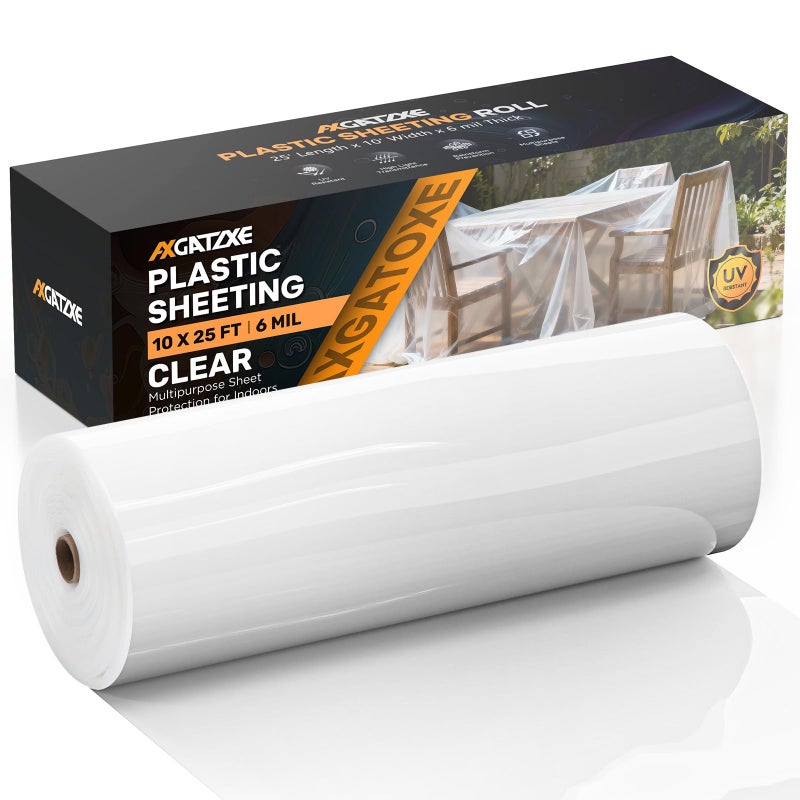 Axgatoxe 6 Mil 10x25 FT Heavy Duty Plastic Sheeting, UV Resistant Tear-Proof for Greenhouse, Construction, Painting, Farm & Floor Protection - Image 1