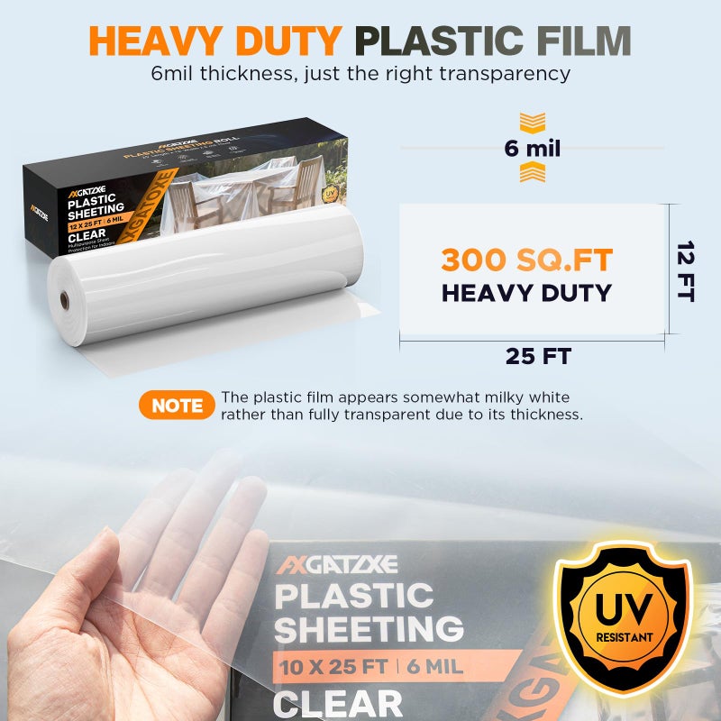 Axgatoxe 6 Mil 10x25 FT Heavy Duty Plastic Sheeting, UV Resistant Tear-Proof for Greenhouse, Construction, Painting, Farm & Floor Protection - Image 2