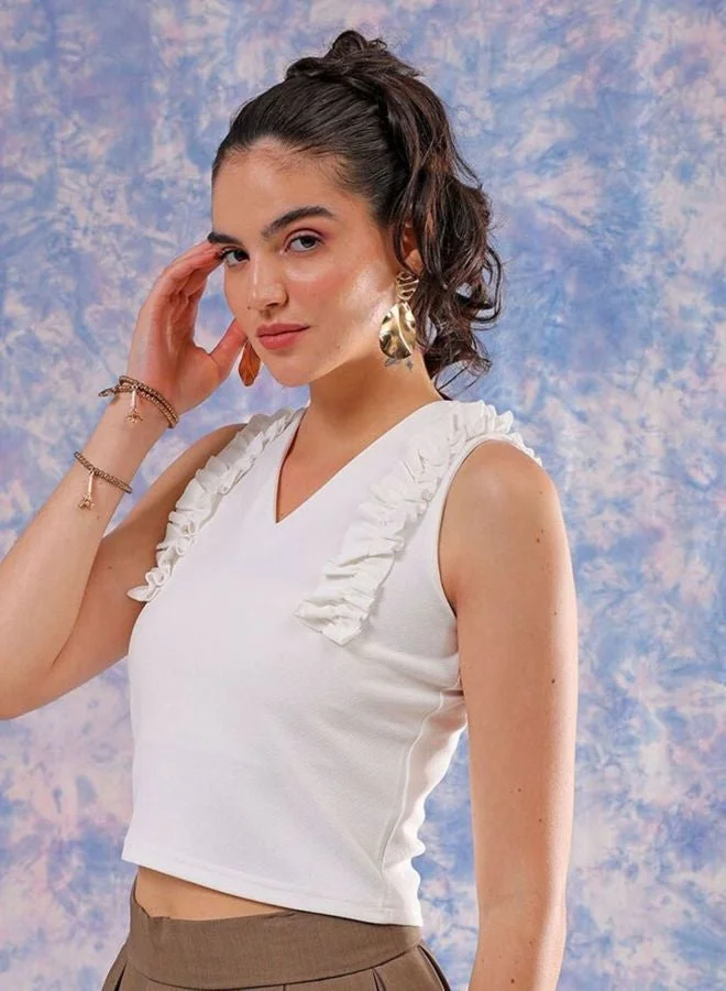 Freehand  Women Regular Fit Solid Scoop Neck Sleeveless Ruffled Top  | Best Price UAE