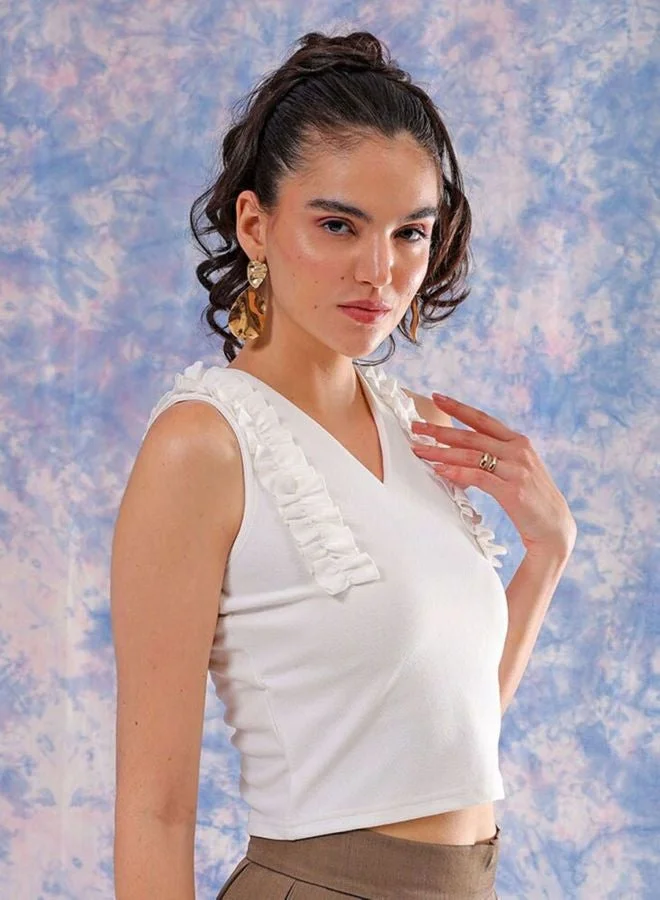 Women Regular Fit Solid Scoop Neck Sleeveless Ruffled Top