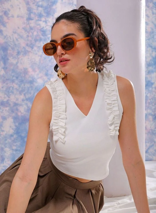 Freehand  Women Regular Fit Solid Scoop Neck Sleeveless Ruffled Top  | Best Price UAE
