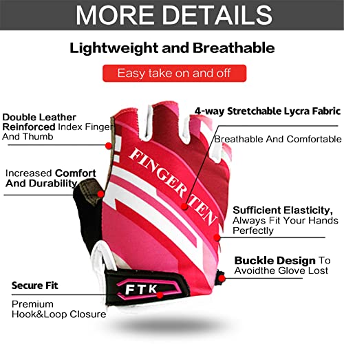 FINGER TEN Kids Junior Cycling Gloves Outdoor Sport Road Mountain Bike Pair, Fit Boy Girl Youth Age 2-10, Gel Padding Bicycle Half Finger Pair (Pink, Large) - Image 3