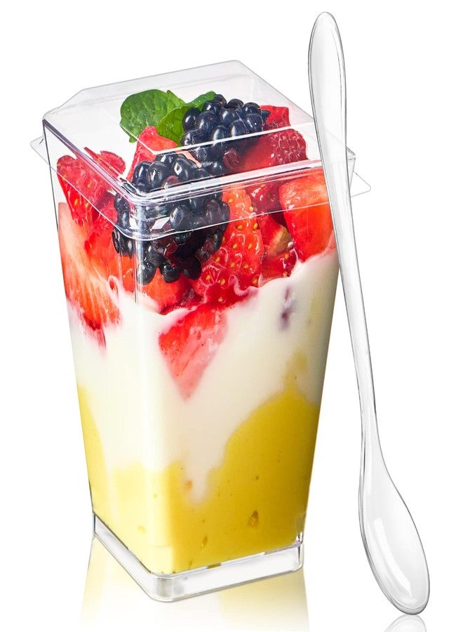 TOFLEN 50 Pack 5 oz Plastic Dessert Cups with Lids for Party, Mini Dessert Cups with Spoons Dessert Shooter Cups for Yogurt Parfait, Appetizer, Pudding, Fruit and Ice Cream - Image 1