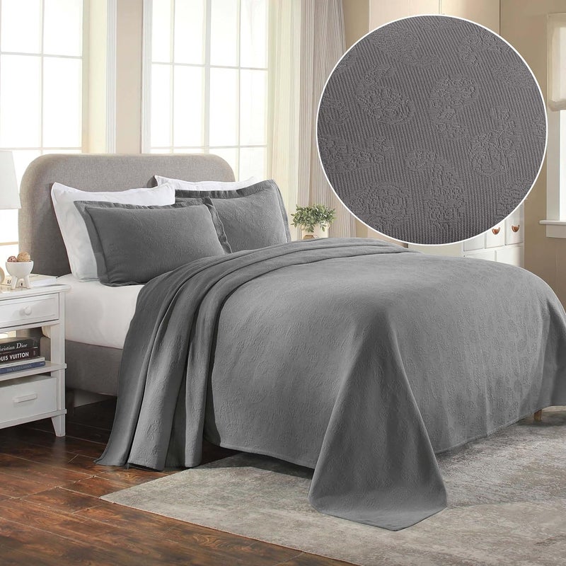 Superior Paisley 3 Piece Cotton Bedspread Set, Home Bed Decor, Decorative Bed Spread, 2 Pillow Shams, Medium Weight Blanket, Matelasse Coverlet Bedding, Vintage Floral Pattern, Full, Grey - Image 2