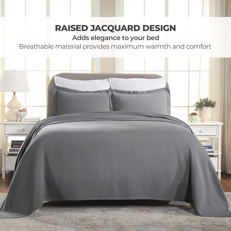 Superior Paisley 3 Piece Cotton Bedspread Set, Home Bed Decor, Decorative Bed Spread, 2 Pillow Shams, Medium Weight Blanket, Matelasse Coverlet Bedding, Vintage Floral Pattern, Full, Grey - Image 4