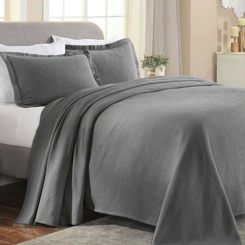 Superior Paisley 3 Piece Cotton Bedspread Set, Home Bed Decor, Decorative Bed Spread, 2 Pillow Shams, Medium Weight Blanket, Matelasse Coverlet Bedding, Vintage Floral Pattern, Full, Grey - Image 1