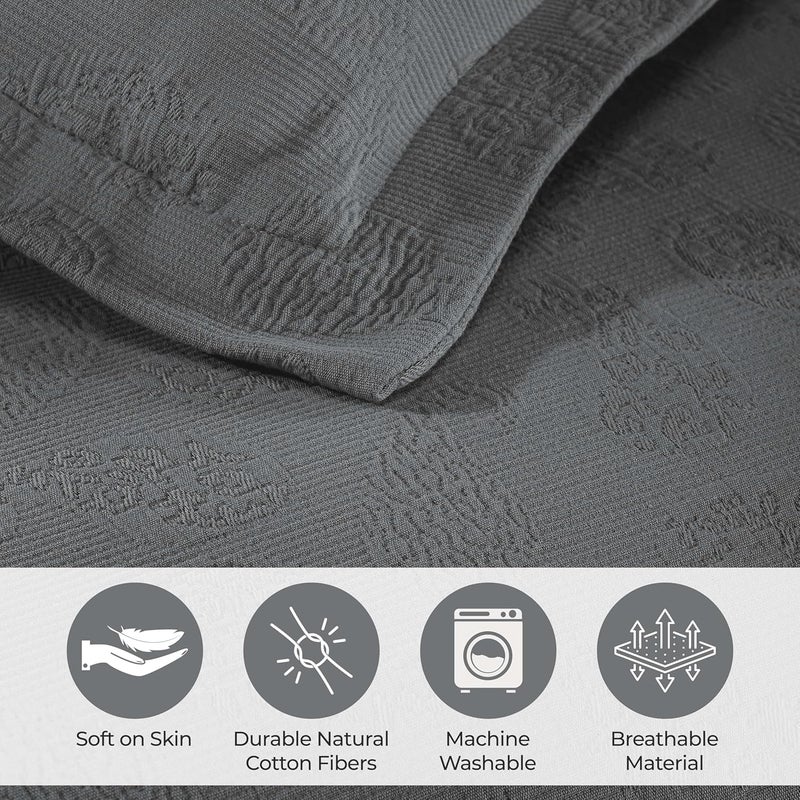 Superior Paisley 3 Piece Cotton Bedspread Set, Home Bed Decor, Decorative Bed Spread, 2 Pillow Shams, Medium Weight Blanket, Matelasse Coverlet Bedding, Vintage Floral Pattern, Full, Grey - Image 3