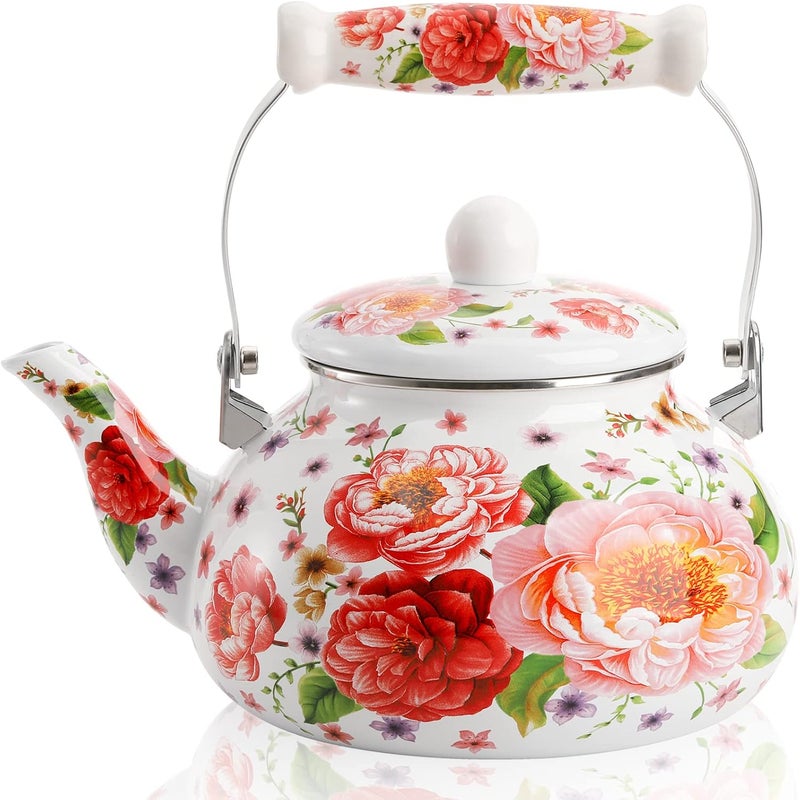 DEAYOU 2.6 Quart Enamel Tea Kettle Stovetop, Large Porcelain Enameled Teakettle, 2.5L Vintage Tea Pot with Ceramic Cool Handle, Colorful Floral Steel Teapot for Hot Water, Retro Decor, No Whistling - Image 1