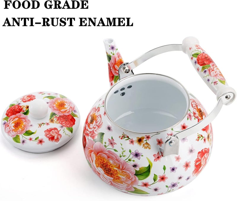 DEAYOU 2.6 Quart Enamel Tea Kettle Stovetop, Large Porcelain Enameled Teakettle, 2.5L Vintage Tea Pot with Ceramic Cool Handle, Colorful Floral Steel Teapot for Hot Water, Retro Decor, No Whistling - Image 3