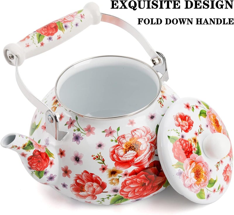 DEAYOU 2.6 Quart Enamel Tea Kettle Stovetop, Large Porcelain Enameled Teakettle, 2.5L Vintage Tea Pot with Ceramic Cool Handle, Colorful Floral Steel Teapot for Hot Water, Retro Decor, No Whistling - Image 4