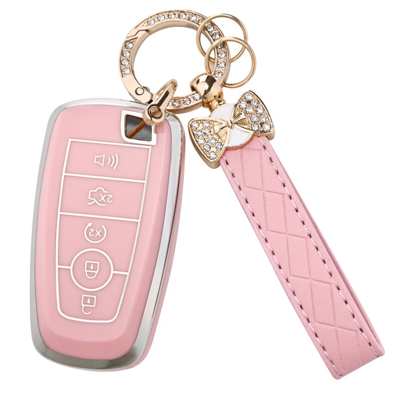 JAMCARI for Ford Key Fob Cover with Keychain, Soft TPU Key Case Shell for F150 F250 F350 Mustang Bronco Explorer Escape Edge Expedition Maverick Ranger Lincoln Smart Remote Key(Pink) - Image 1