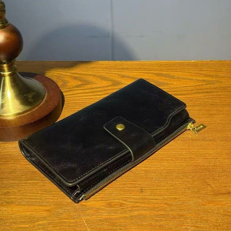 Vintage Long Wallet with Card Holder, Genuine Top Layer Cowhide Leather, RFID Blocking, Slim Bifold Wallet, Snap Closure, Multiple Card Slots & Coin Pocket, Everyday Carry, Black/Brown/Coffee - Image 1