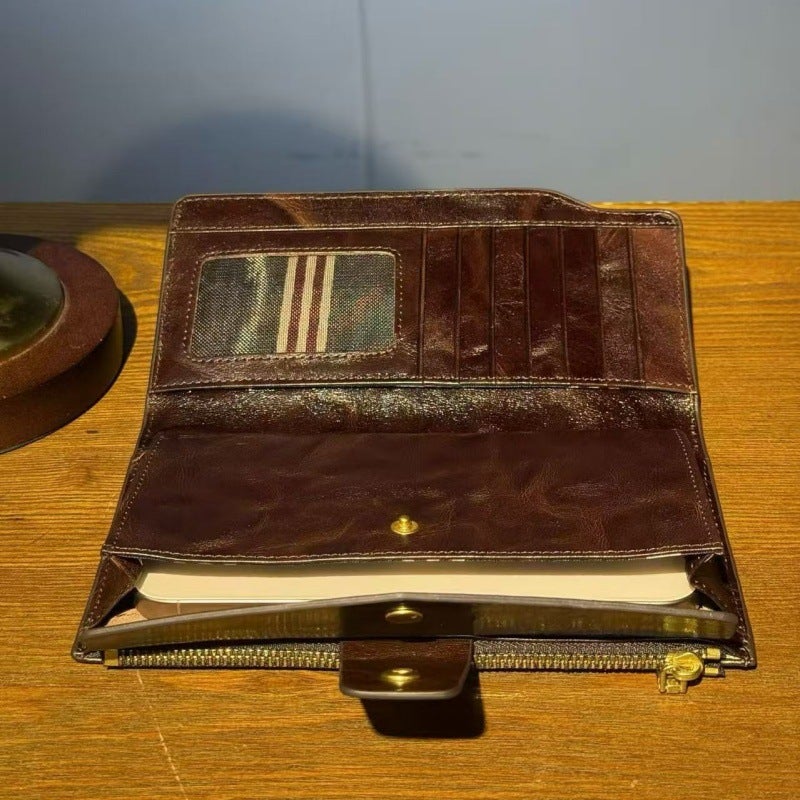 Vintage Long Wallet with Card Holder, Genuine Top Layer Cowhide Leather, RFID Blocking, Slim Bifold Wallet, Snap Closure, Multiple Card Slots & Coin Pocket, Everyday Carry, Black/Brown/Coffee - Image 5