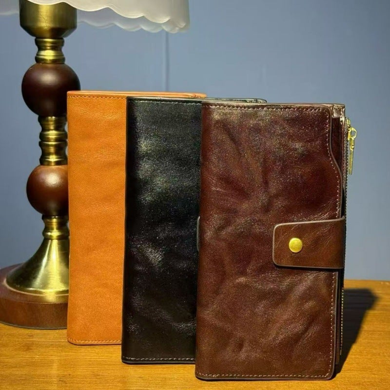 Vintage Long Wallet with Card Holder, Genuine Top Layer Cowhide Leather, RFID Blocking, Slim Bifold Wallet, Snap Closure, Multiple Card Slots & Coin Pocket, Everyday Carry, Black/Brown/Coffee - Image 2