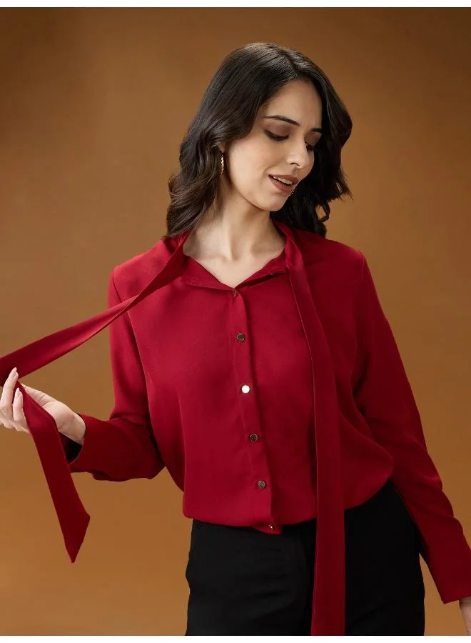 globus Globus Women Red Collared Neck Tie Detail Cuff Sleeves Party Shirt