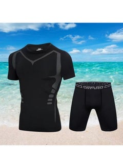 Body Swimsuit Men's Swimming Trunks Long Summer Quick-drying Sunscreen Long Sleeve Trousers Split Hot Spring Beach Surfing Snorkeling Factory-Color:❥ ☆ # ∝〃 ★ Cx Printed Short Sleeves + Black Tight Shorts ☆ ❥-Size:❥☆Xl [ 70-80kg ]☆❥