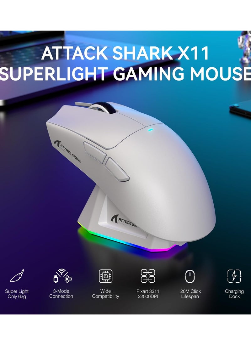 Attack Shark X11 Lightweight Wireless Gaming Mouse with RGB Charging Dock,Tri-Mode-2.4G/USB-C Wired/BT,22K DPI,PAW3311 Optical Sensor,HUYU Switch, 5 programmable Buttons for PC/Mac(White)  - Image 2