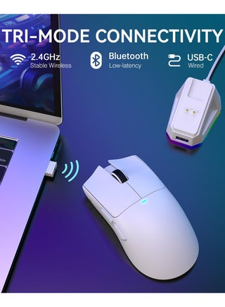 ماوس ألعاب لاسلكي خفيف الوزن X11 مع قاعدة شحن RGB، وضع ثلاثي - 2.4 جيجاهرتز/USB-C سلكي/بلوتوث، 22 ألف نقطة في البوصة، مستشعر بصري PAW3311، مفتاح HUYU، 5 أزرار قابلة للبرمجة لأجهزة الكمبيوتر الشخصية/ماك (أبيض) - view 3