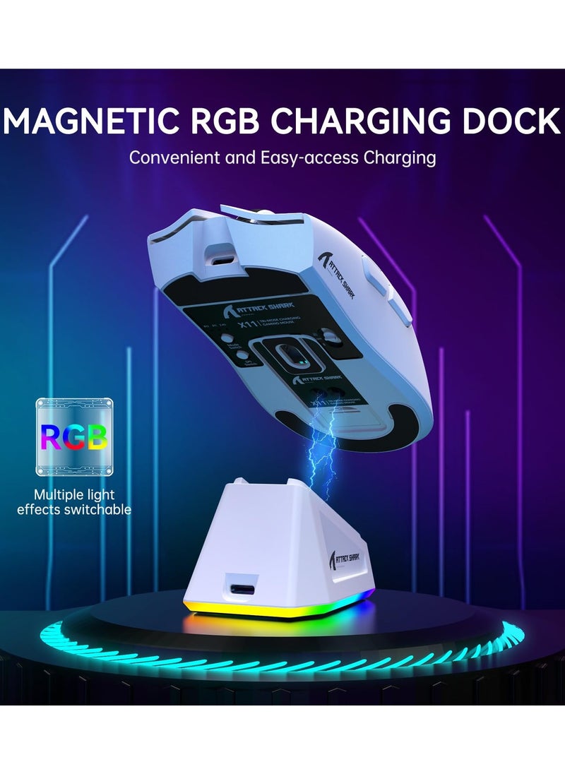 Attack Shark X11 Lightweight Wireless Gaming Mouse with RGB Charging Dock,Tri-Mode-2.4G/USB-C Wired/BT,22K DPI,PAW3311 Optical Sensor,HUYU Switch, 5 programmable Buttons for PC/Mac(White)  - Image 4