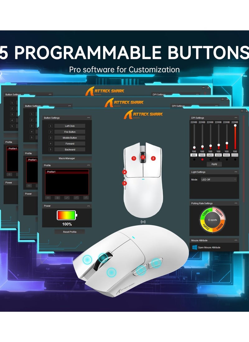هجوم القرش - ماوس ألعاب لاسلكي خفيف الوزن X11 مع قاعدة شحن RGB، وضع ثلاثي - 2.4 جيجاهرتز/USB-C سلكي/بلوتوث، 22 ألف نقطة في البوصة، مستشعر بصري PAW3311، مفتاح HUYU، 5 أزرار قابلة للبرمجة لأجهزة الكمبيوتر الشخصية/ماك (أبيض) - Image 1