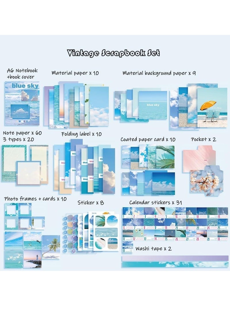 Vintage Aesthetic Scrapbook Kit 154 Pcs Scrapbooking Supplies Kit for Bullet Junk Journal Stationery A6 Grid Notebook DIY Journaling Supplies Birthday Craft Gift for Teen Girl Kid Sky  - Image 3
