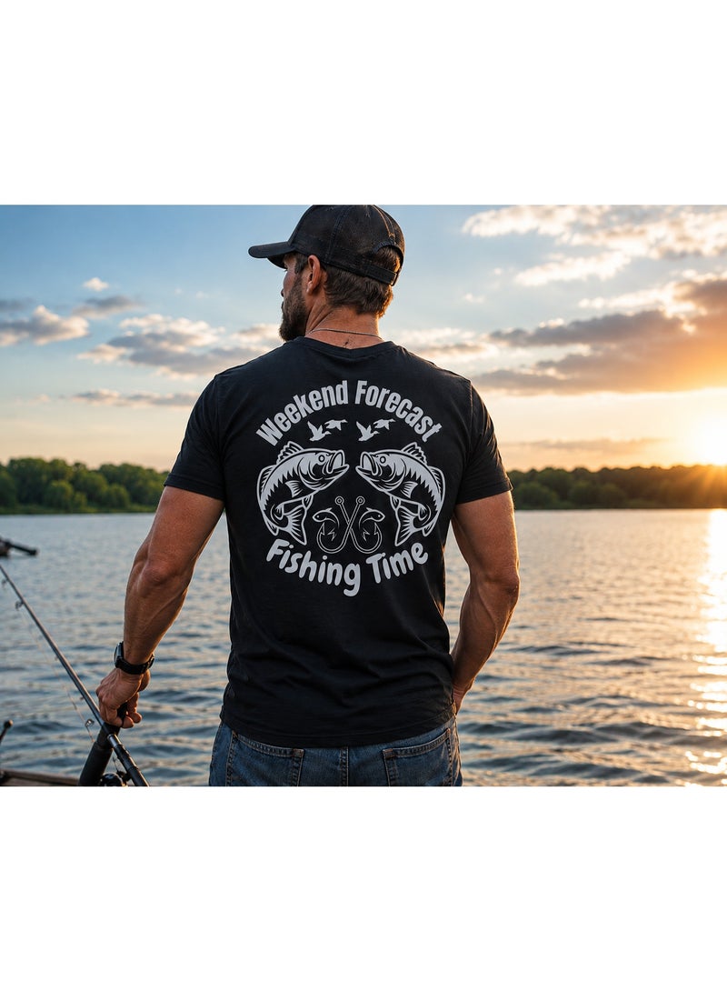 تي شيرت رجالي برقبة V بتصميم "Weekend Forecast Fishing Time" يضيء في الظلام مع فينيل رمادي عاكس - Image 4