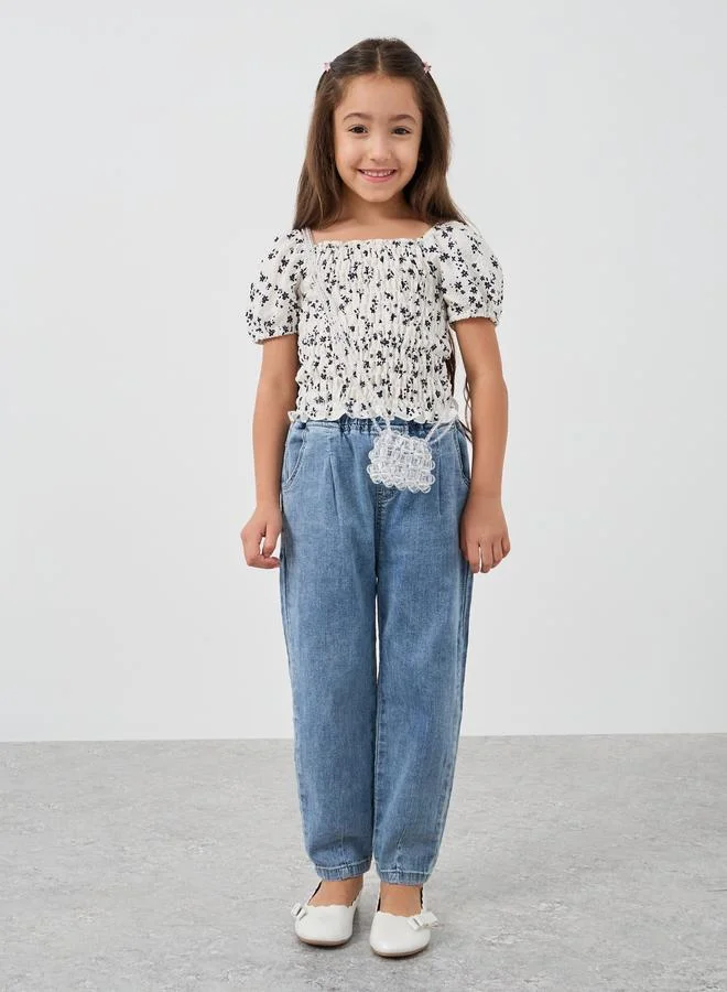 Styli Girls Floral Print Smocked Blouse with Short Sleeves