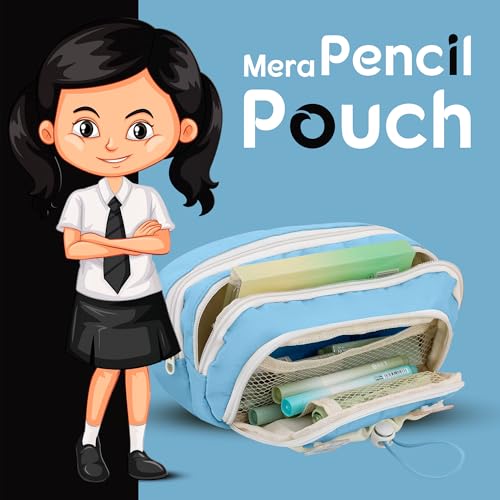 Lyrovo Pouch for School Girls and Boys Pencil Case with Mesh Compartments and Adjustable Drawstring Pocket (Blue) - Image 2