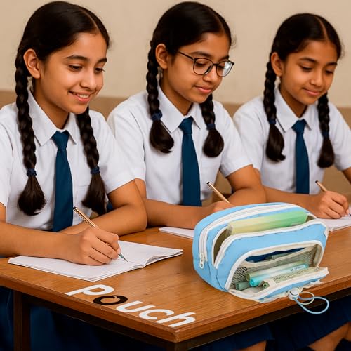 Lyrovo Pouch for School Girls and Boys Pencil Case with Mesh Compartments and Adjustable Drawstring Pocket (Blue) - Image 5