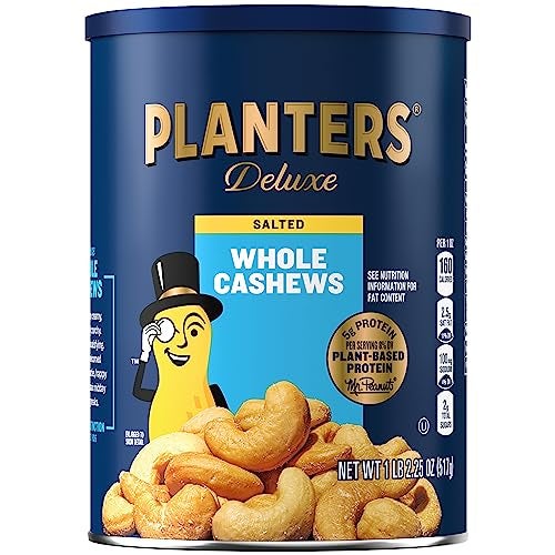 PLANTERS Deluxe Salted Whole Cashews Party Snacks PlantBased Protein Quick Snack for Adults After School Snack Roasted Cashew Flavored with Sea Salt Bulk Nuts Kosher 1 lb 225oz Canister - Image 1